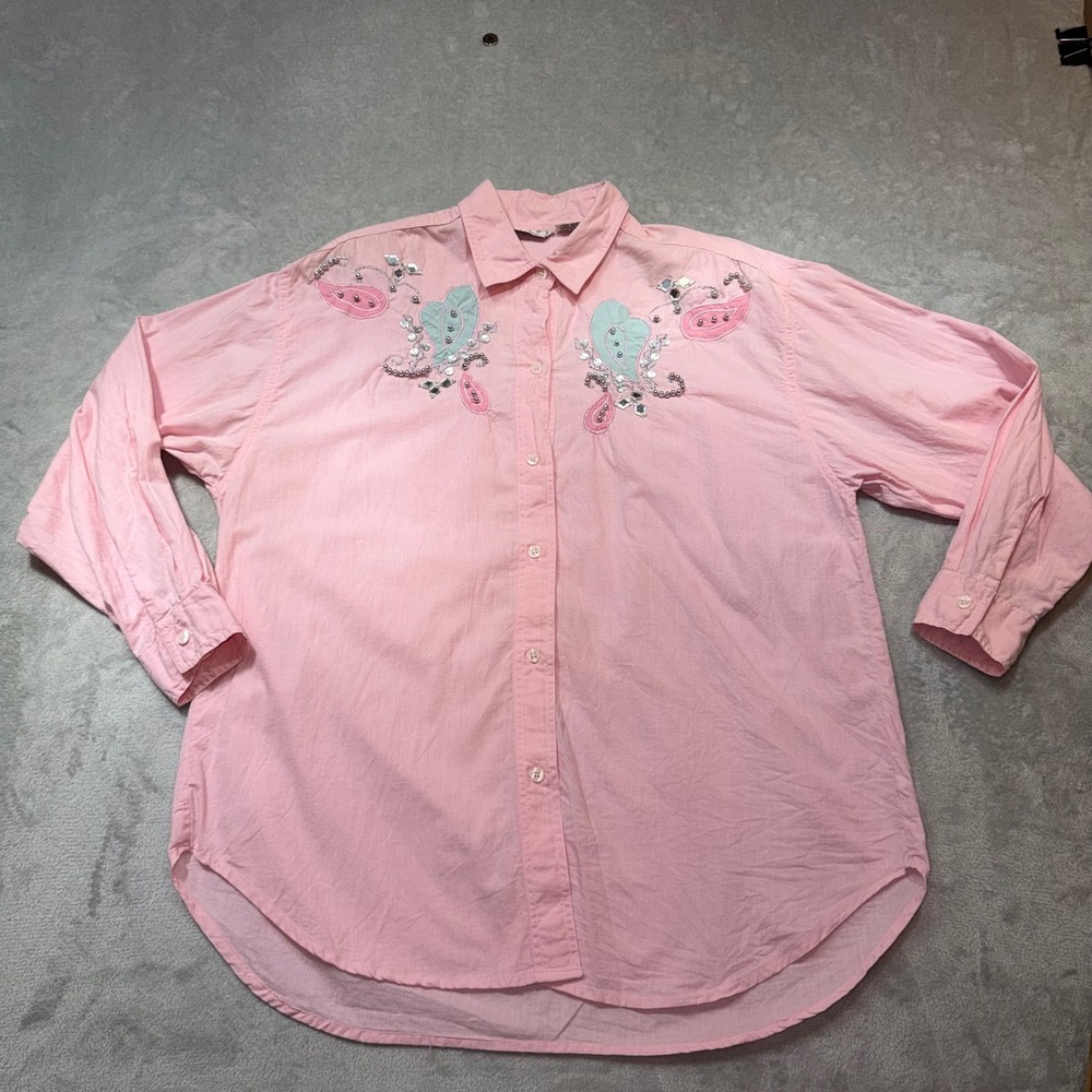 Vintage Pink Embroidered Beaded Metallic Cotton Button Down Shirt Western Boho M
